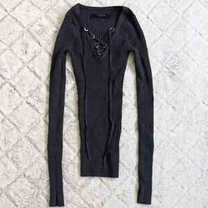 AllSaints Ribbed Stretchy Sweater Women’s Small Gray Tie V Neck Y2K